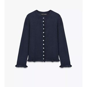 Zara Navy Blue ruffled knit cardigan